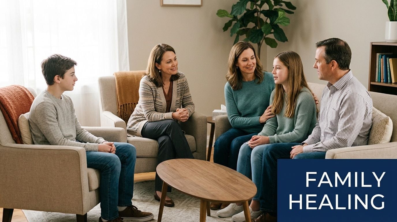 A family of four sits in a therapy office during a counseling session to discuss family healing.