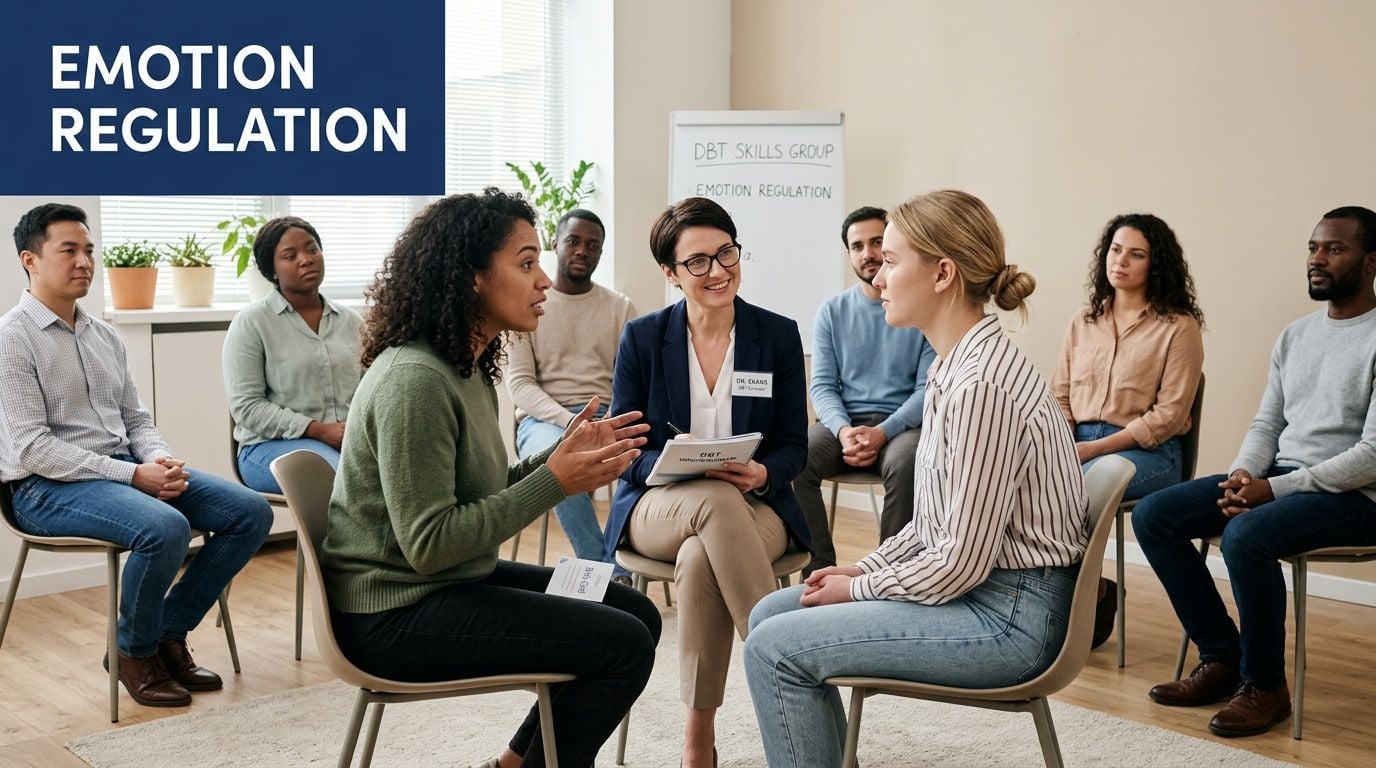 A professional group therapy session focusing on emotion regulation techniques with a facilitator and participants.